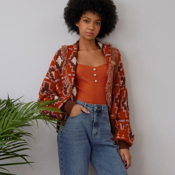 Boho sweater with tassles | Southwestern aztec print cardigan - Picture 1 of 6
